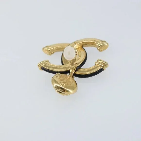 CHANEL COCO Mark Camelia Earring Metal Leather Gold CC Auth am9409 - Picture 6 of 16